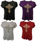 New Ladies Curve Cross Peace Print Stretch Tops Printed T Shirts 16-26