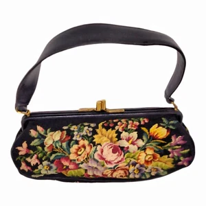Vintage Jolles Austria Handtasche Petit Point bestickt Blumen 1930er Gobelin 14 Zoll - Bild 1 von 7
