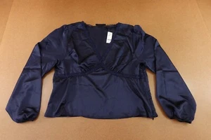 NY&Co Womens Size XL Navy Blue Satin Lace Trim Long Sleeve V Neck Blouse NWT - Picture 1 of 11