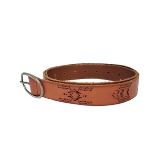 Brown Leather Belt Gun Metal Buckle Southwestern Cutout Diecut Designs 31"-37" - Picture 1 of 2