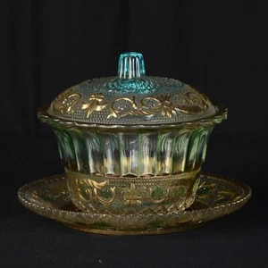 Bonbonnière en verre décors de fleur de Lys polychrome - Picture 1 of 15