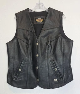 Gilet vintage Harley Davidson donna nero pelle snap anteriore XL motociclista moto USA - Foto 1 di 9