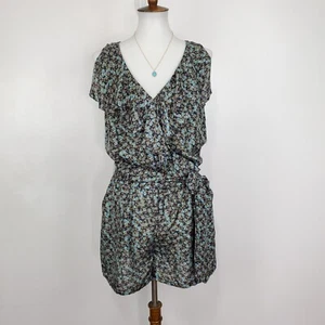 Hinge 100% Silk Ditsy Floral Ruffle Neckline Belted Romper With Pockets Size S - Picture 1 of 12