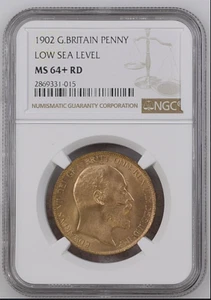 BU RED 1902 Low Sea Level Penny Great Britain NGC MS64+RD - Only 3 Graded Higher - Picture 1 of 9