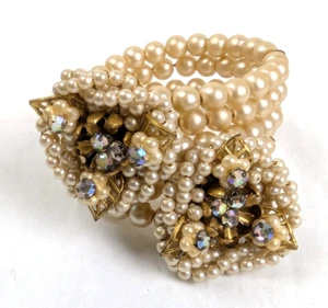 MIRIAM HASKELL Triple Memory Wire Faux Pearl AB Rhinestone Wrap Bracelet - Picture 1 of 13