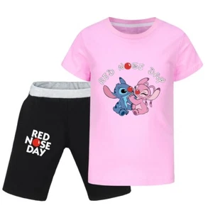 Boys Girls Stitch Cartoon Short T-Shirt Set Summer Printed Tops Tees Kids Outfit - Picture 1 of 19