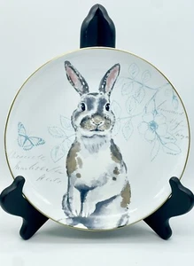 Pier 1 Elegant Gray Bunnies Salad Plate Rabbit Blue Floral Gold Trim Replacement - Picture 1 of 8