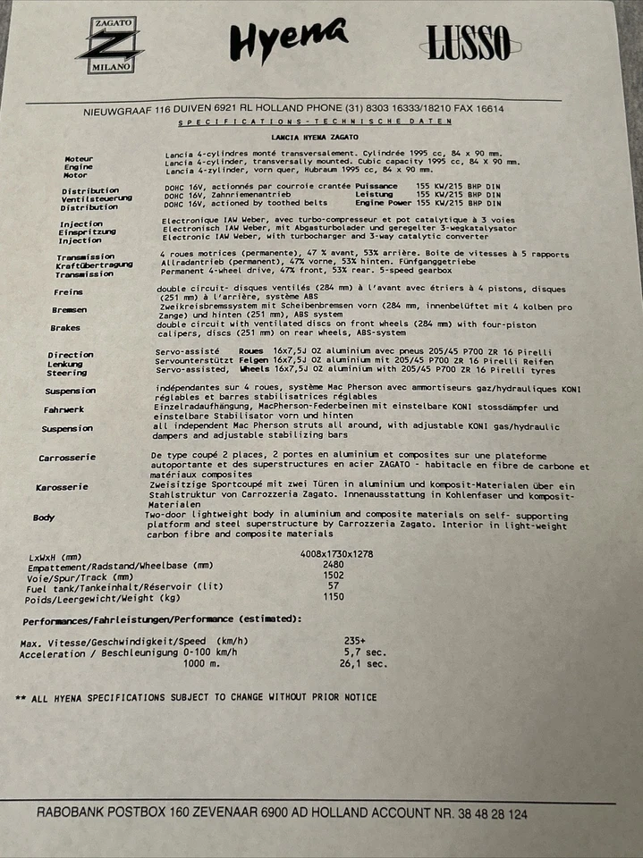 Hoja folleto de especificaciones The Lancia Hyena Zagato enmarcable inglés/holandés Foto 1 de 1