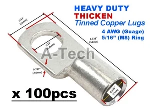x100 4awg 5/16" M8 Heavy Wall Tinned Copper Lugs Ring Terminal Battery Welding - Picture 1 of 2