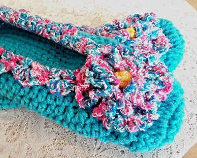 New Small Handmade Crochet Women's Bedroom Slippers Pansy Teal Turquoise & Pink - Image 1 of 2