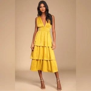 Lulus Peak Party Vibe Satin Tiered Tie-Back Midi Dress NWT Gold XS - Picture 1 of 15