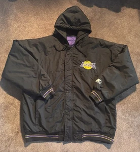 VTG STARTER Los Angeles Lakers Hooded Jacket Sz XL Black Purple NBA Embroidered - Picture 1 of 11