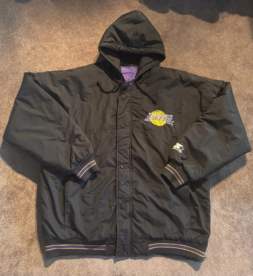 VTG STARTER Los Angeles Lakers Hooded Jacket Sz XL Black Purple NBA Embroidered - Image 1 of 4