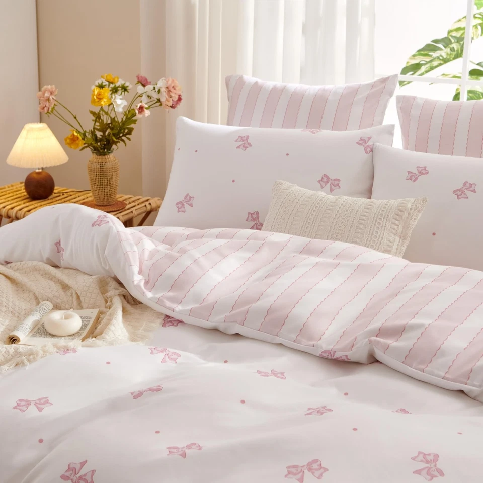 Pink Bow Duvet Cover Twin Size Reversible White Pink Bows Striped Bedding Set... - Image 1 of 4