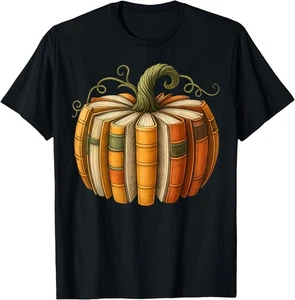 Fall Book Pumpkin Retro Reading Halloween Teacher T-Shirt - Picture 1 of 15