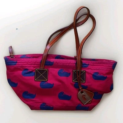 VINTAGE Dooney & Bourke Red & Navy Duck Logo + Charm Quilted Purse Summer Tote  - Image 1 of 4