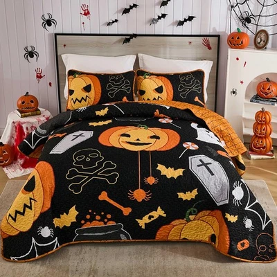 Juego de colcha de Halloween tamaño queen calavera calabaza negro naranja tema colcha Hol... Foto 1 de 4
