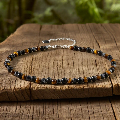 Pulsera Triple Protección Tobillera Hematita Ojo de Tigre Obsidiana Cuentas Mujer Tobillera Foto 1 de 2