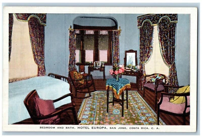 San Jose Costa Rica C.A. Postcard Hotel Europa Bedroom and Bath c1930's - Image 1 of 2