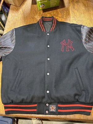 New York Yankees MLB Wool Leather Jacket Mens Red Pin Stripe Blue JH Design 3XL - Image 1 of 4