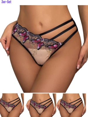 3er Pack Damen String Unterwäsche Schmetterling Spitze Sexy Slips Reizwäsche - Bild 1 von 4