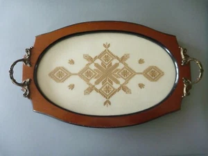 Vintage Needlework Tray - Glazed Drawn Work Blackwork Dressing Table Top - Picture 1 of 9