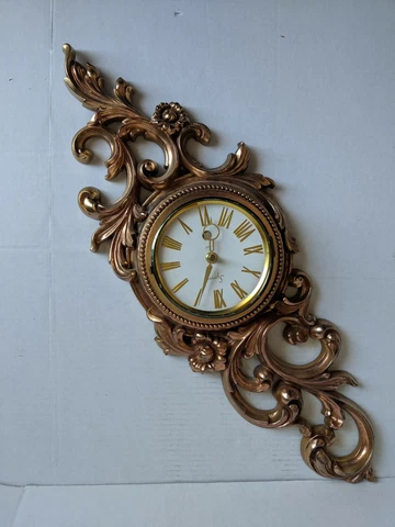Mid Century Modern Swiss Style Syroco 8 Day Gilded Wall Clock. See Description Cover
