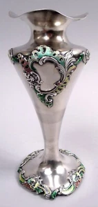 Jarrón Shiebler 6565 antiguo victoriano rococó americano esmalte de plata de ley - Imagen 1 de 8