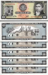 Peru 100 Soles de Oro 1975, UNC, 5 Stück LOT, in Folge, P-108, 3 Signaturen - Bild 1 von 4