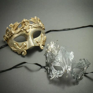 Silver Roman Warrior Greek & Swan Rhinestone Couple Masquerade Party Mask - Picture 1 of 9
