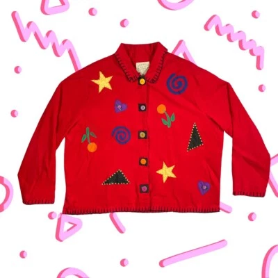 Vintage 1980s Vtg 80s Long Sleeve Shirt Jacket. Shacket Red Geometric  M Medium — 第 1/4 张图片