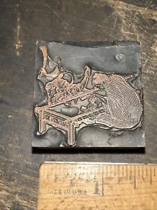 Print Block “ 2 Old Men Sewing/weaving “ Copper Face. Nice Details!! - Picture 1 of 5