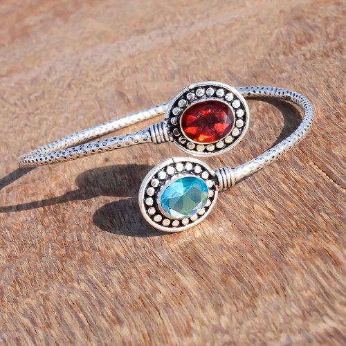 VALENTINO Bracciale Argento Sterling 925 Topazio Blu e Granato Taglio Pietra Preziosa per Partner