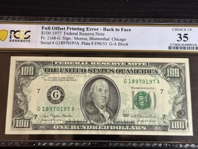 1977 $100 Federal Reserve Note Full Offset Back to Face Printing ERROR PCGS 35 - Image 1 of 4