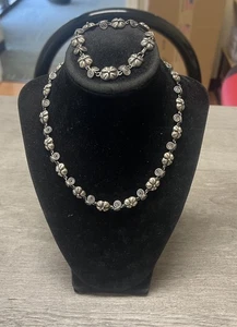 Taxco 925 Silver Repousse Flower And Swirled Link Collar Necklace Bracelet Set - Picture 1 of 13