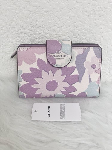 Portafoglio COACH medio con zip angolare e stampa floreale avorio viola rosa multi CBO31