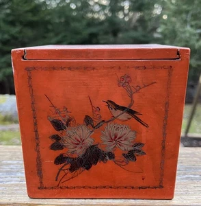 Antique Asian Japanese Orange Lacquer Tea Caddy Box With Double Eagle Motif  - Picture 1 of 17