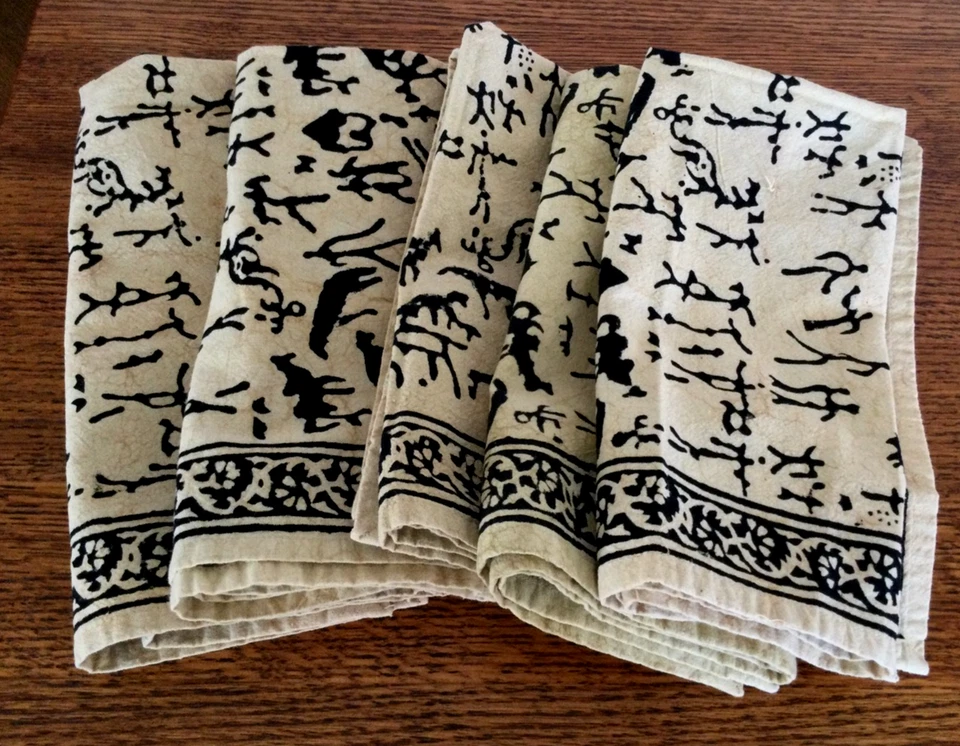 5 Tan & Black Batik Napkins Abstract Calligraphic Tribal Cave Paintings Animals - Image 1 of 4