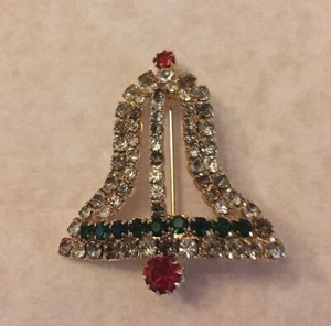 HOLIDAY PIN Clear Red Green Rhinestone Christmas Bell Brooch PRONGS 3-D PIN  #62 - Picture 1 of 7