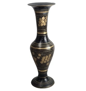 Etched Brass Black Vase Vintage India Boho Brass Accent Floral Berry 10 inch - Picture 1 of 9