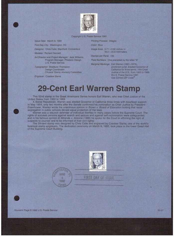FDC # 2184 29 cent Earl Warren 1992 USPS Souvenir Page Stamp 9207  - Image 1 of 1