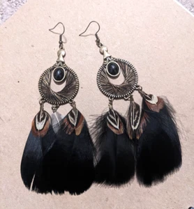 Black Brown Feather Dangle Boho Drop Bronze Hook Ethnic Earrings B1 - Picture 1 of 4