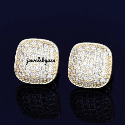 Aretes cúpula cuadrada de diamantes reales para hombre enchapados en oro amarillo de 14 k plata 925 Foto 1 de 4