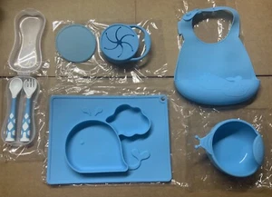 Baby 5 Piece Silicone Dinnerware Set Place Mat Cup Flatware Bowl Bib Blue Whale - Picture 1 of 10