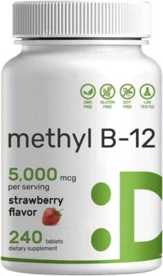 Vitaminas Metil B-12 5000 mcg, 240 abas mastigáveis suporte energético e saúde cerebral - Imagem 1 de 3