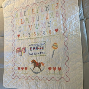 Baby  Blanket Cotton Hand Embroidered  40 X 35 One of a Kind Rocking Horse VNTG - Picture 1 of 7