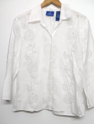 J.H. Camisa de colección para mujer XL blanca floral bordada lentejuelas abotonada Top Foto 1 de 4