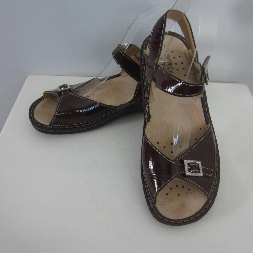 New Ecosanit Womens 6.5 - 7 Brown Patent Leather Rhinestone Ankle Sandals Italy - Image 1 of 4