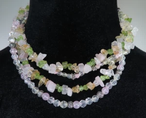 Multi Strand Natural Stone Beaded Silver Tone Necklace Choker 13" - 16" - Picture 1 of 5