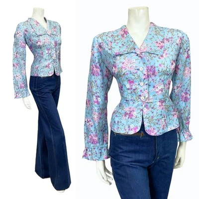 CAMISA PEPLUM RECORTADA FLORAL PÚRPURA BLANCO AZUL CLARO AÑOS 60 70 DE COLECCIÓN 16 Foto 1 de 4